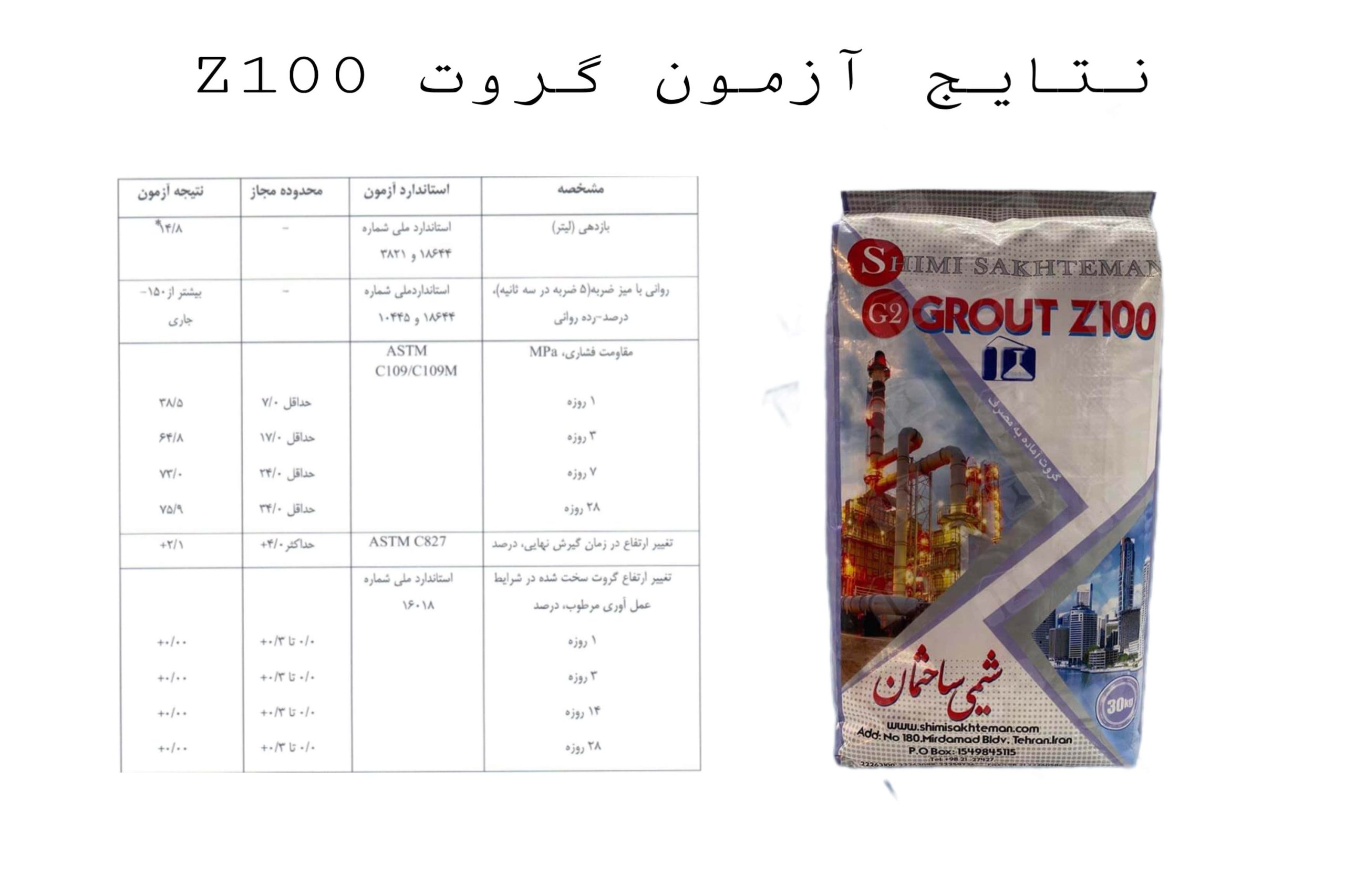 نتایج آزمون گروت z100 شیمی ساختمان